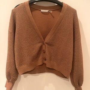 Alice + Olivia gold/bronze metallic 3 button cardigan, short style. Size: M